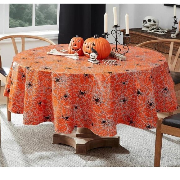 Halloween Scary Spiders Web Vinyl Flannel Backed Tablecloth, Spooky - Picture 1 of 5